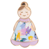 Close up of Lucky Little Ladies Nanna enamel pin badge keepsake gift with floral dress design and rose gold finish.