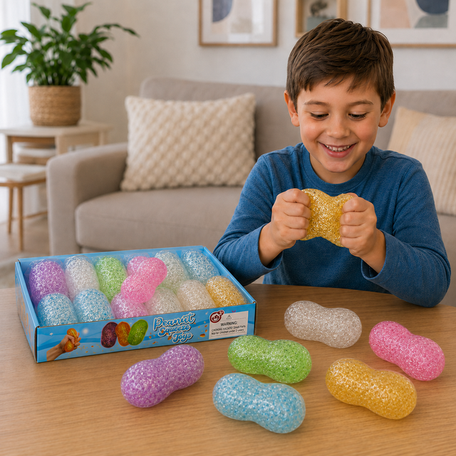 Maltose gel-filled peanut sensory fidget toy with soft squishy texture and assorted colours