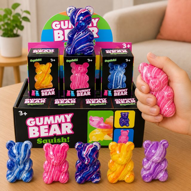 Marble gummy bear squishy fidget toy in assorted marble colours for stress relief, sensory play and improved focus