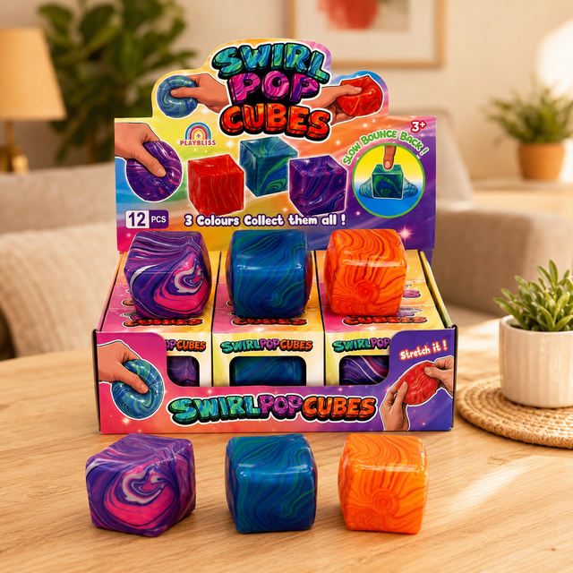 Marble swirl gel cube sensory squishy with a soft squeezable texture in assorted colours for tactile play and fidgeting