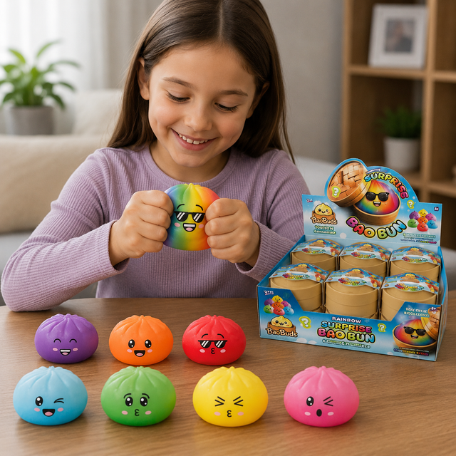 Rainbow Surprise Bao Bun squishy fidget toy in a reusable dumpling case with assorted colours