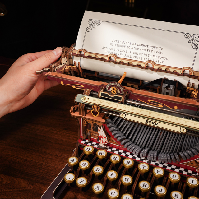 Mechanical typewriter wooden model kit for adults with working mechanism