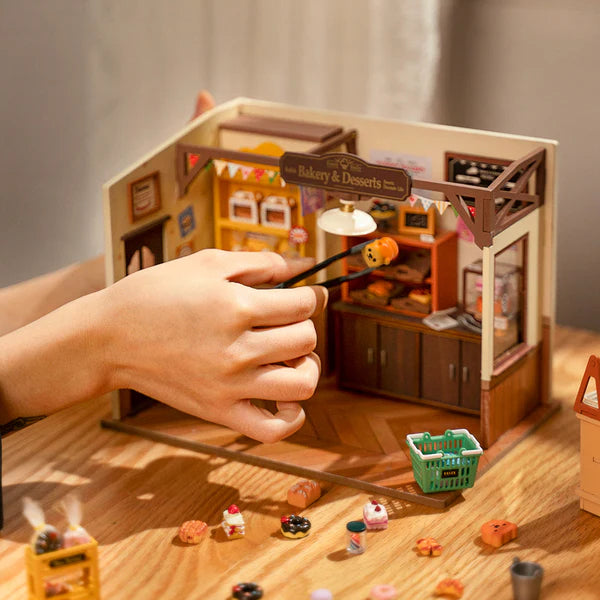 Rolife Becka’s Baking House DIY kit parts and materials ready for assembly