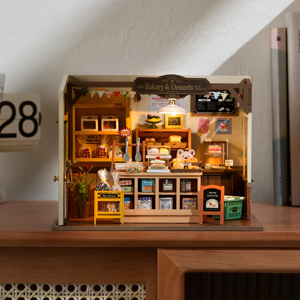 Robotime Rolife kits bakery miniature house displayed as decorative home décor on shelf