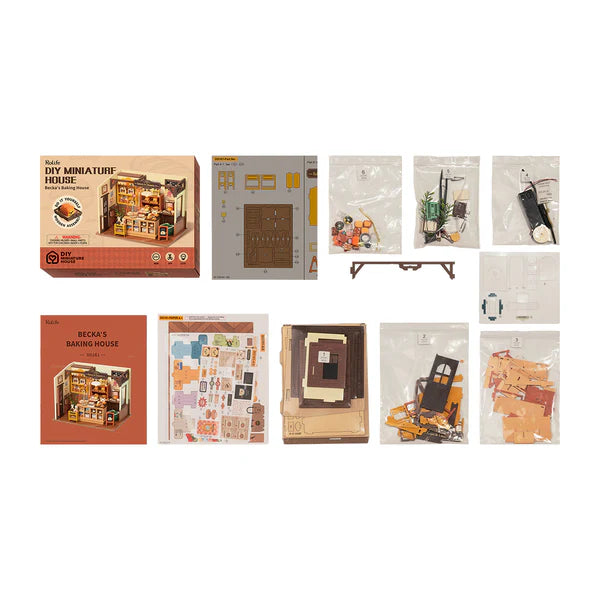 Rolife Becka’s Baking House DIY kit parts and materials ready for assembly