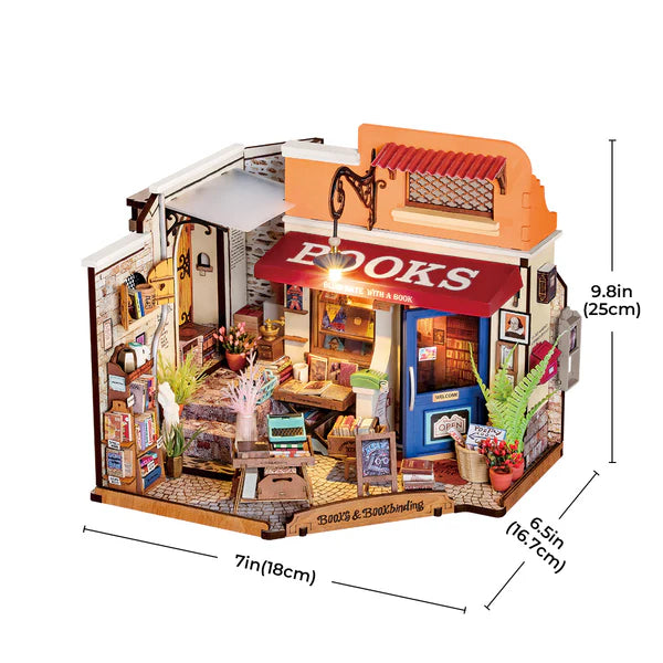 Robotime Rolife Corner Bookstore miniature outdoor reading area with plants, signage and book display with dimensions