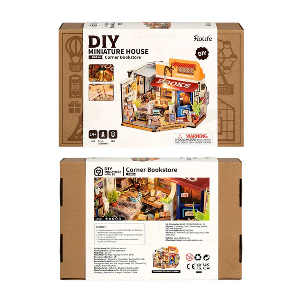 Robotime Rolife kits Corner Bookstore DIY kit packaging with parts and assembly instructions included