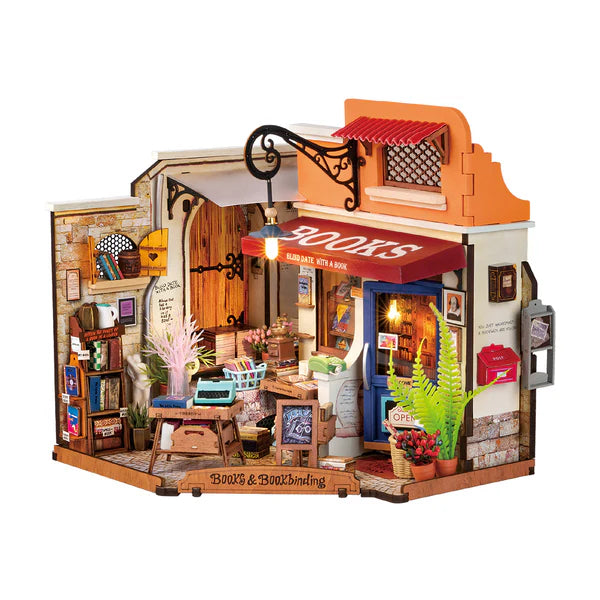 Robotime Rolife kits Corner Bookstore DIY miniature house with detailed bookshelves and outdoor shop scene