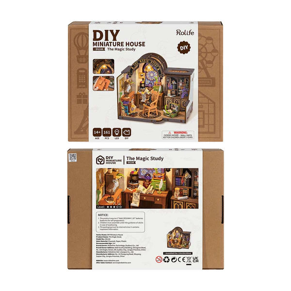 Rolife Magic Study DIY kit components and parts ready for assembly miniature house build packaging