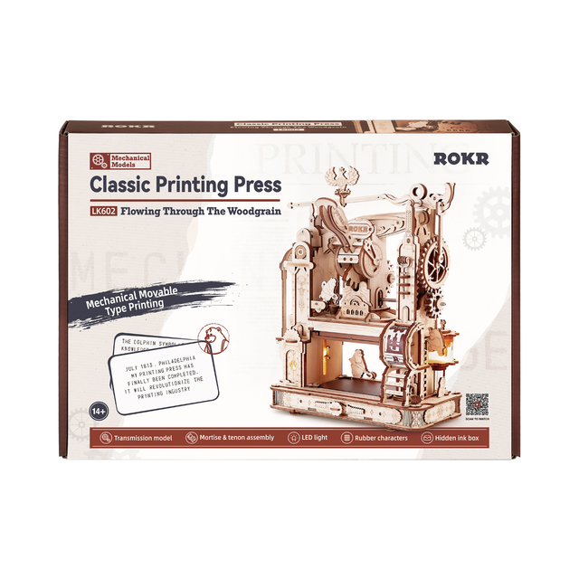 ROKR Classic Printing Press decorative wooden model with functional printing mechanism packaging