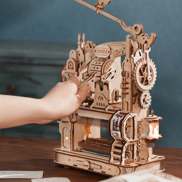 Wooden printing press model kit with working gears and LED lights
