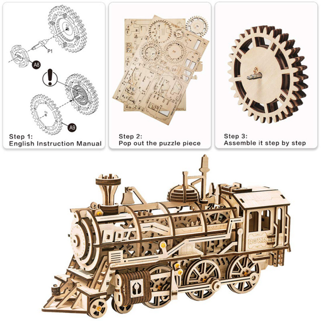 Steps for ROKR locomotive LK701 wooden mechanical puzzle