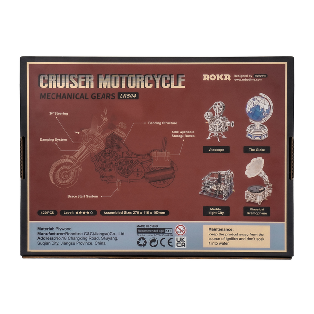 Mechanical ROKR cruiser motorcycle model with spring-powered movement