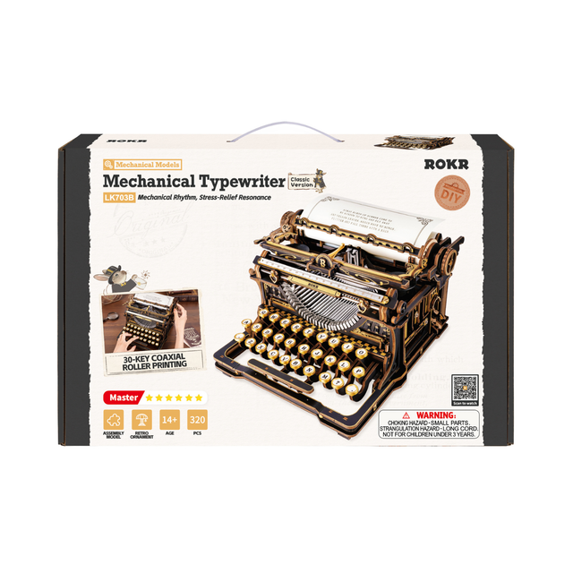 ROKR Classic Version wooden model kit recreating a vintage manual typewriter packaging