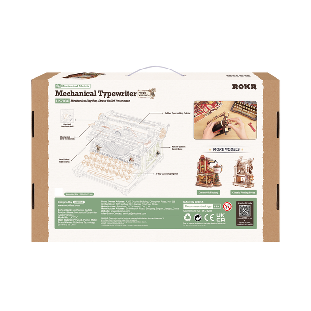 Vintage-inspired ROKR mechanical typewriter display model with interactive moving parts packaging