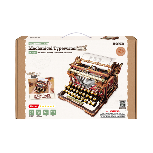 Vintage-inspired ROKR mechanical typewriter display model with interactive moving parts packaging