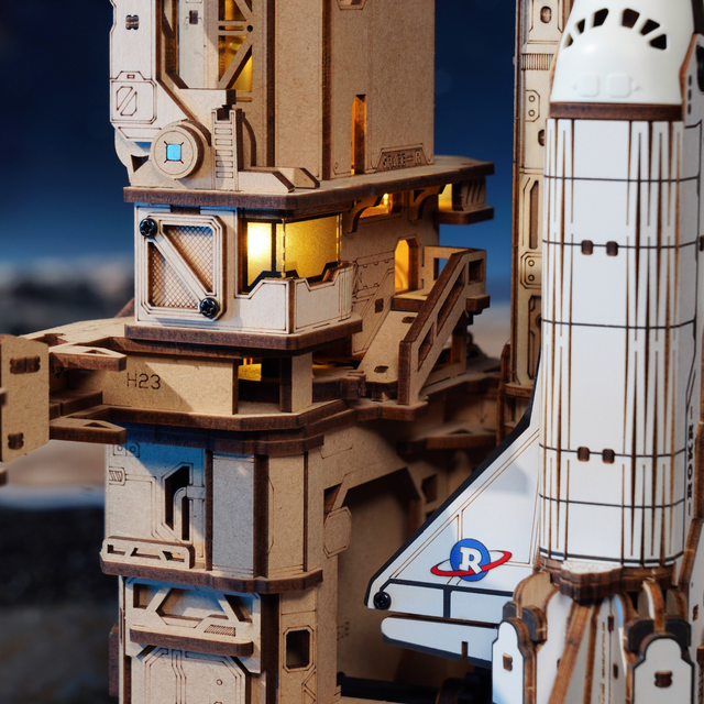 ROKR models Space Shuttle wooden model kit displaying detailed boosters and engineering structure