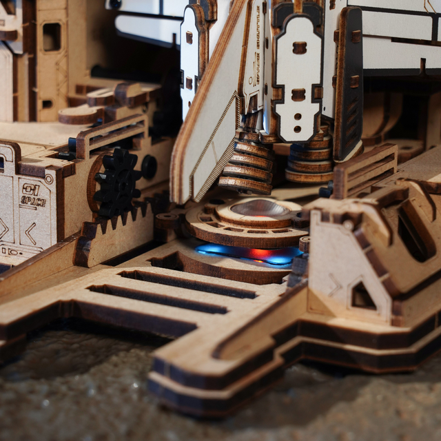 Close-up of ROKR models Space Shuttle 3D puzzle base with LED launch lighting effects