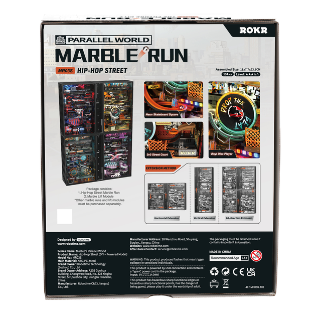 ROKR Hip Hop Street wooden marble run with neon city display lighting