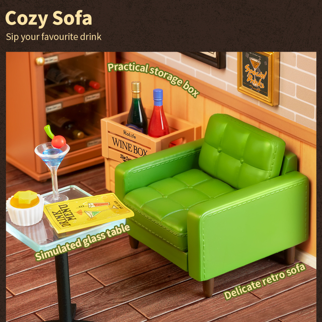 Rolife Leisurely Cheers Bar DIY miniature house with bar stools, cocktails and wine cabinet