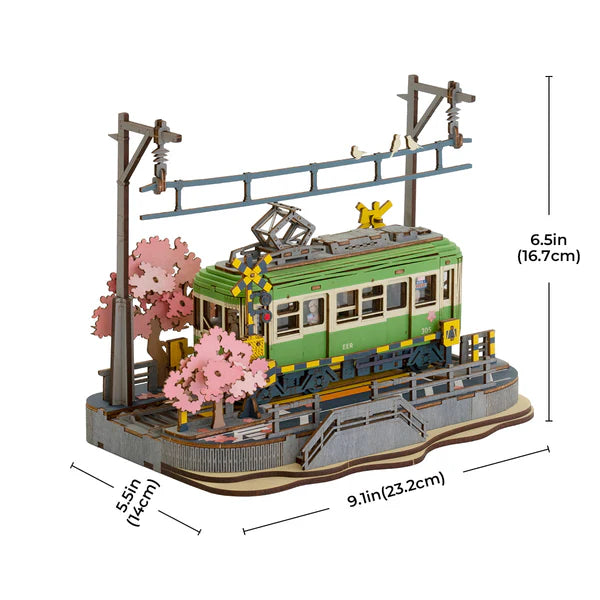Rolife Sakura Journey 3D wooden puzzle Japanese tram model with cherry blossoms and LED lighting dimensions