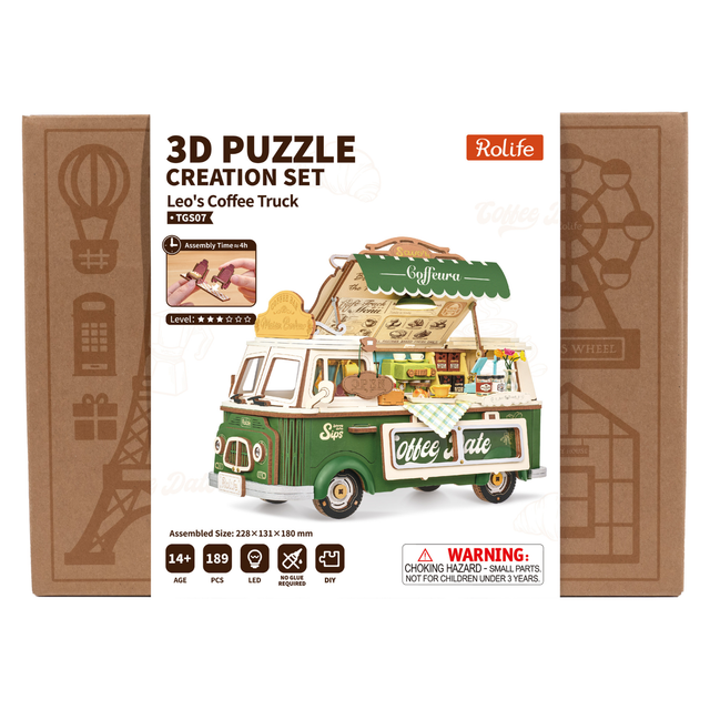 Rolife vintage coffee truck 3D wooden puzzle for adults packaging