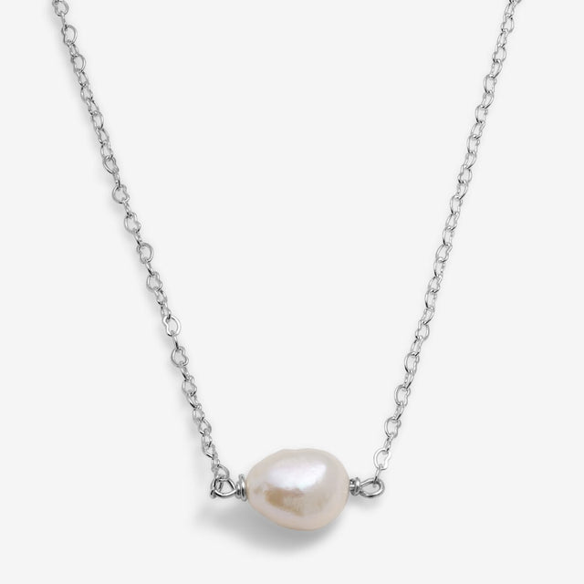 Freshwater pearl detail on silver pearl necklace