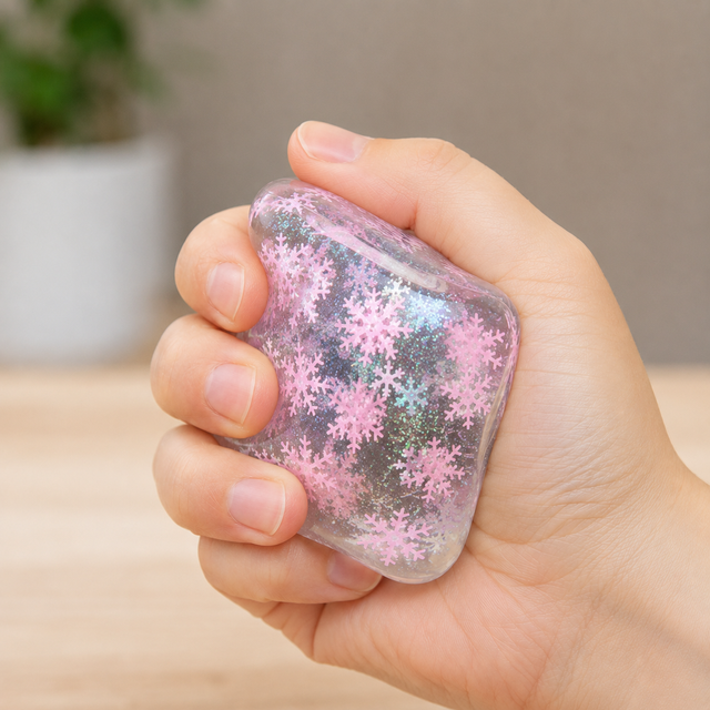 Snowflake Cube squishy fidget toy being squeezed in hand for stress relief, anxiety reduction and improved focus