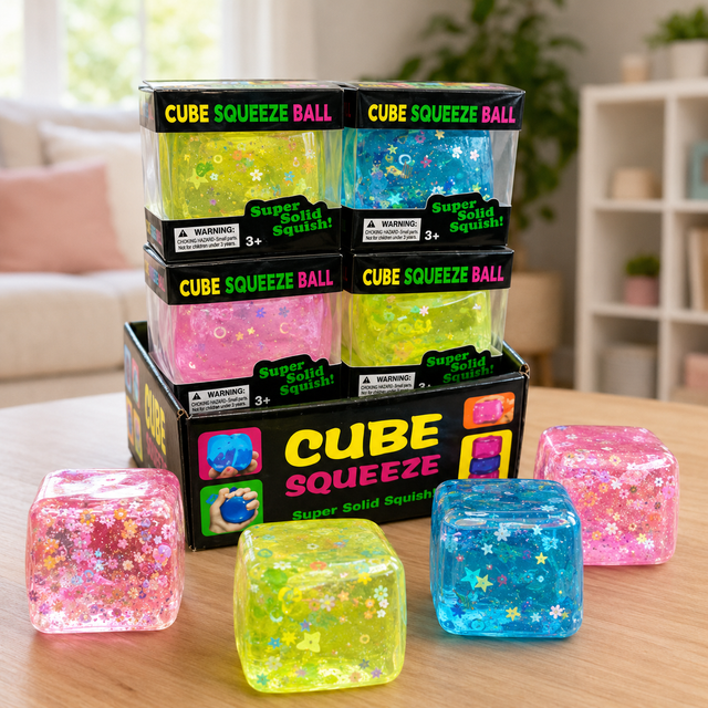 Sparkle Cube Squishy Fidget Toy in assorted glitter colours for stress relief, sensory play and improved focus