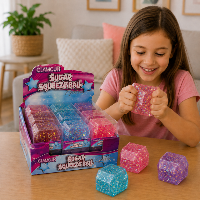Sparkly diamond cube sensory fidget toy with soft squishy texture and glitter finish in assorted colours