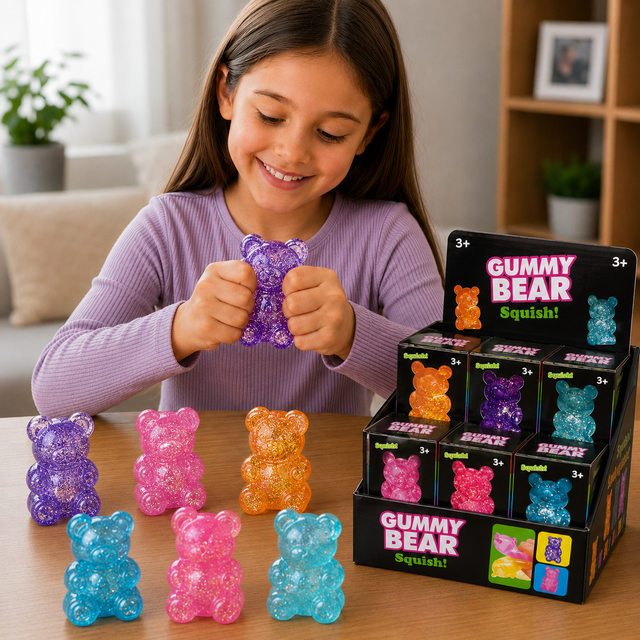 Sparkly glitter gummy bear sensory fidget toy with soft squishy texture in assorted colours