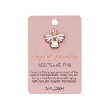 Splosh Angel of Friendship Keepsake Pin on pink card with heartfelt message about love, laughter, and friendship.