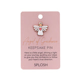 Splosh Angel of Guidance Keepsake Pin displayed on pink backing card with inspirational message about light, confidence, and direction.