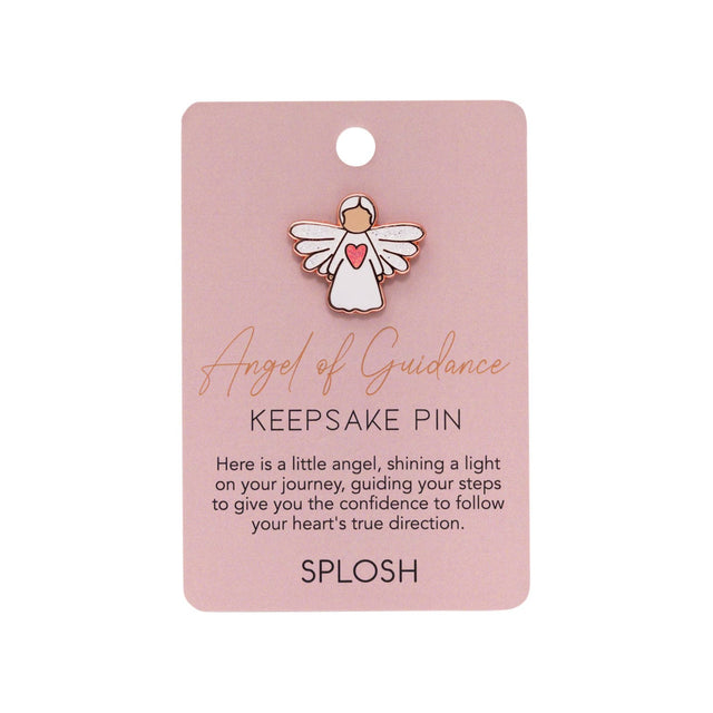Splosh Angel of Guidance Keepsake Pin displayed on pink backing card with inspirational message about light, confidence, and direction.