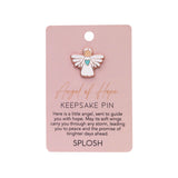 Splosh Angel of Hope Keepsake Pin displayed on pink backing card with uplifting message about guidance and brighter days.