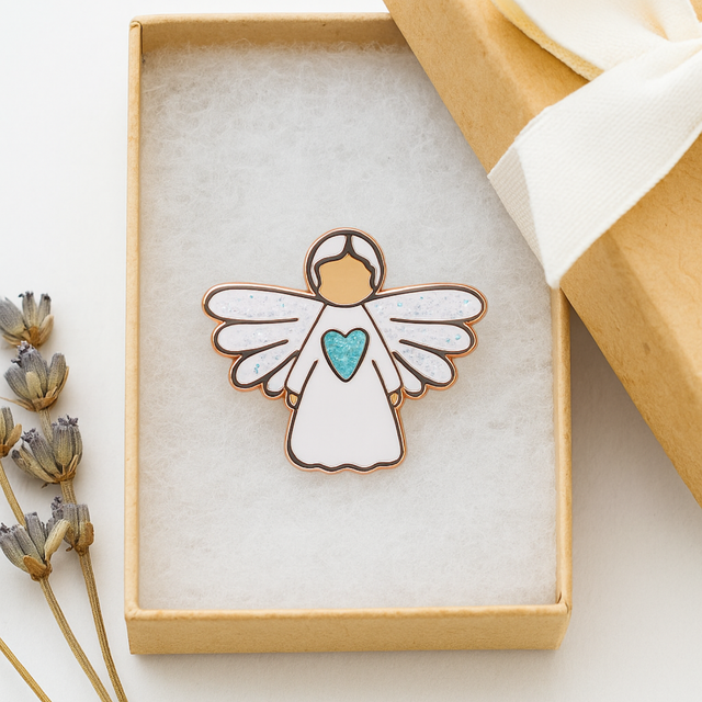 Splosh Angel of Hope Keepsake Pin presented in elegant gift box, perfect for sympathy or encouragement gifts.