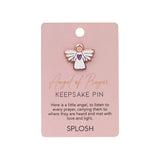 Splosh Angel of Prayer Keepsake Pin on pink backing card with sentimental message about faith and love.