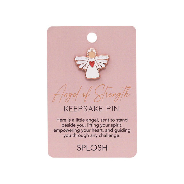 Splosh Angel of Strength Keepsake Pin displayed on pink backing card with message about courage, resilience, and empowerment.