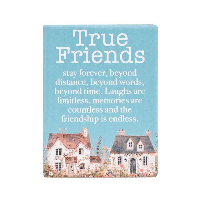 Cottage Grove True Friends ceramic fridge magnets by Splosh with heartful message and home design.