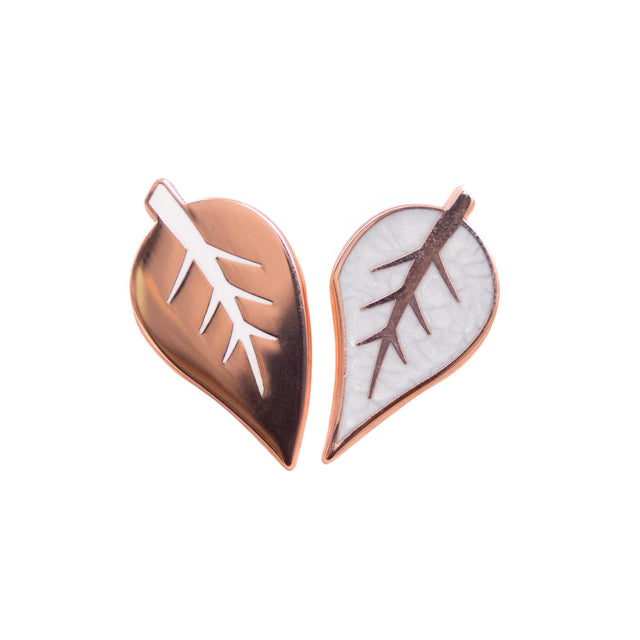 Close-up of leaf-shaped Family Keepsake Pin halves from Splosh