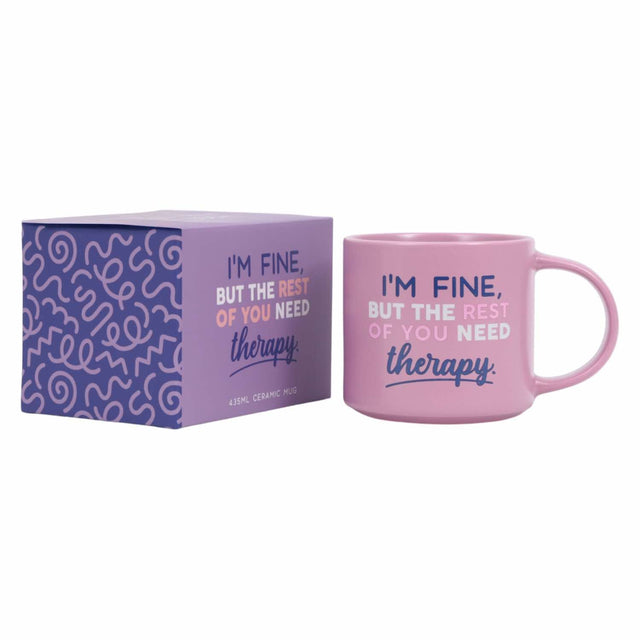 Splosh Cheeky Mug Therapy displayed on soft background, stylish pink witty coffee cup for home, work, or as a humorous gift for friends.