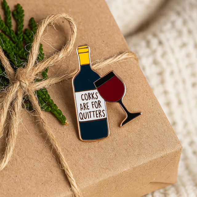 Wine Lover enamel pin presented on gift box with ribbon