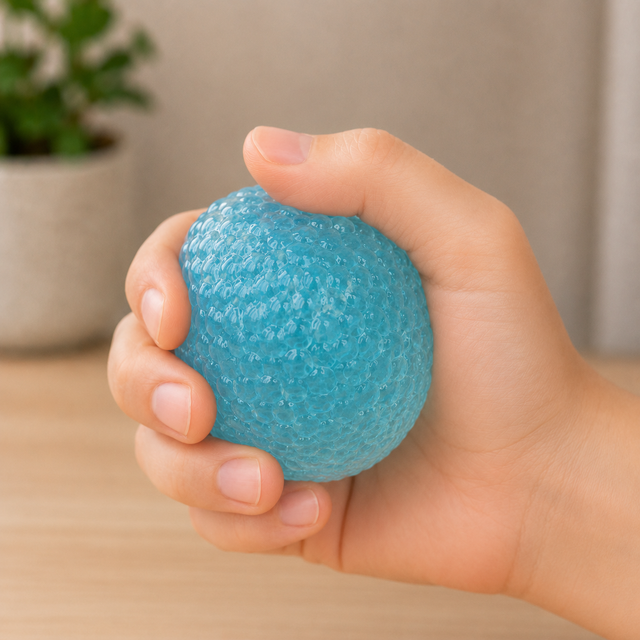 Soft squishy stress ball being squeezed in hand for stress relief, anxiety reduction and sensory play