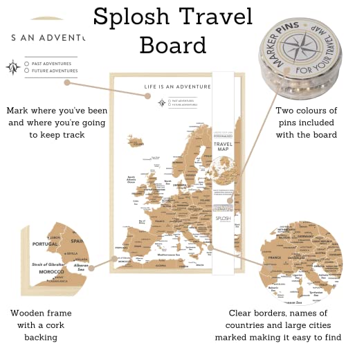 White Europe travel map cork board framed push pin map by Splosh features and benefits