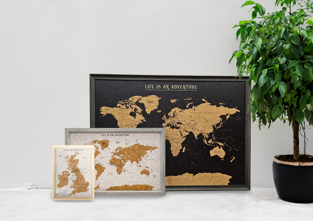 Framed white world travel map cork board wall decor range with Europe and UK & Ireland map