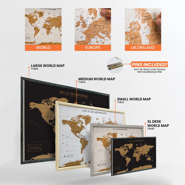 World travel map cork board with metallic push pins included