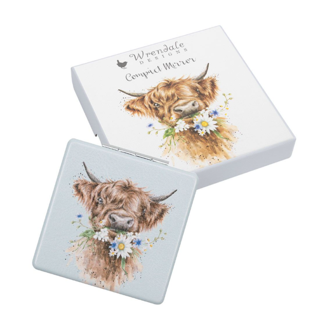 Wrendale Designs Daisy Coo Highland Cow mirror inspired by Hannah Dale artwork with packaging