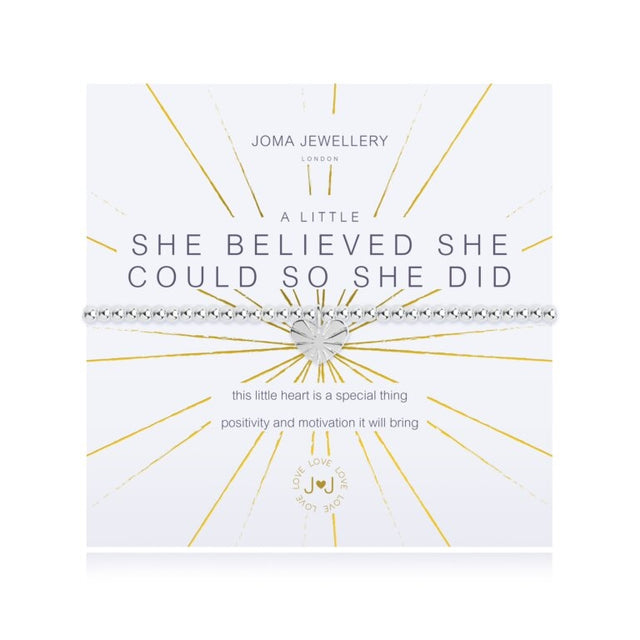 This little heart is a special thing, positivity and motivation it will bring.

Congratulate someone you love on their amazing achievements or encourage them to chase their dreams with our A Little She Believed She Could So She Did Joma bracelet. Silver-plated and sparkly, this precious treasure will sparkle on her wrist as a daily reminder of her inner strength. Wrapped around a stylised card and accompanied by an uplifting poem, this precious Joma bracelet makes for the most gorgeous gift.