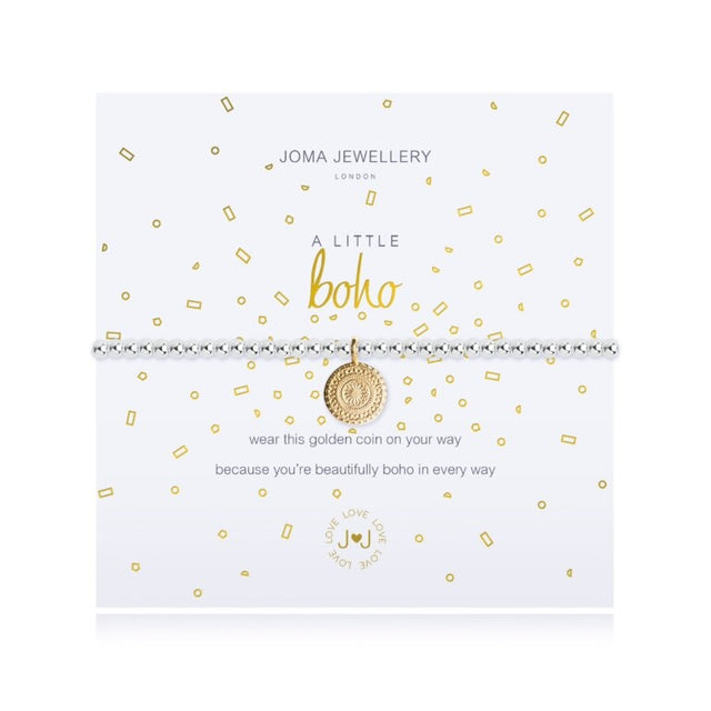 This is a little Boho stretch Joma bracelet in silver plated ball chain and a golden coin charm from Joma Jewellery. Wear this golden coin on your way, because your beautifully boho in every way. The perfect piece for any outfit. Pair it with matching Joma Jewellery to complete your look. This is nice gift to give and comes with the branded packaging.