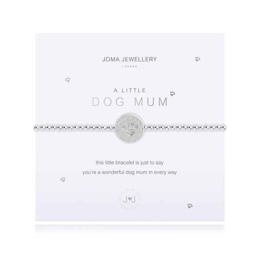 The much loved A Littles family has now expanded with these lovable new animal additions! This Dog Mum Joma bracelet features a shimmering silver plated stretch design and the sweetest little disc charm with sparkling paw print.